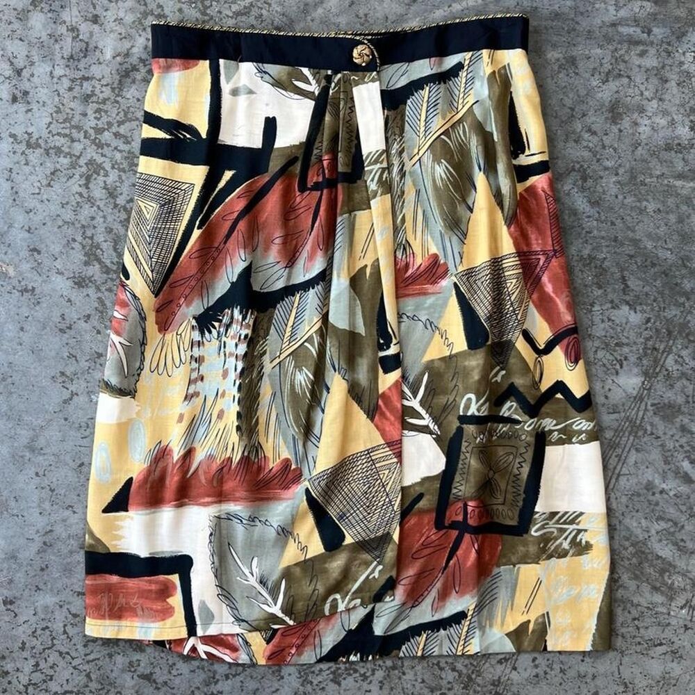 Vintage Southern Lady Abstract Rayon Midi Skirt Gold Button Made in USA Sz 14